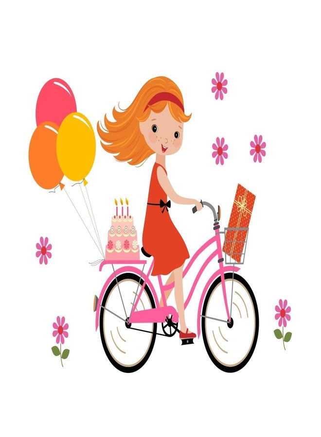 Asmi Collections Wall Stickers Cute Little Girl on Cycle Balloons - Image 1